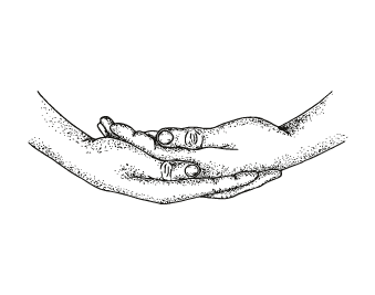 Engraving of two open hands cupped together.